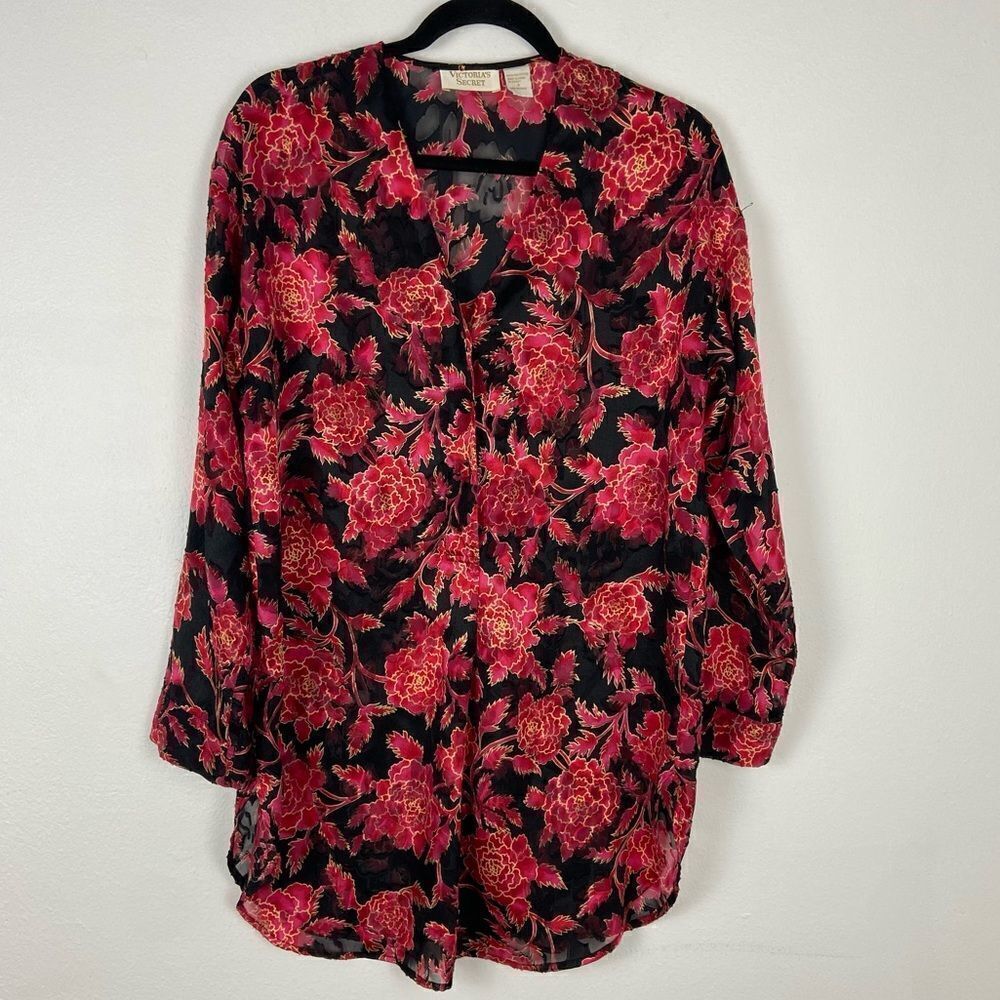 Vtg Victoria's Secret Gold Label Burnout Floral Blouse 90s Lounge Romantic Sz‎ S